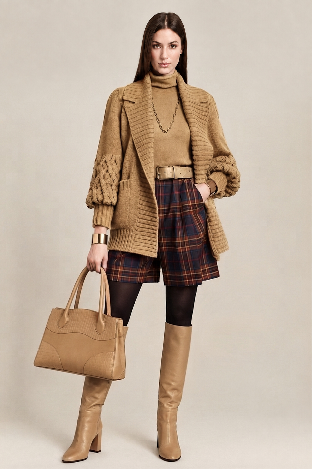 Women's camel custom-made classic knee-high boots with round toe and high block heel- Top view